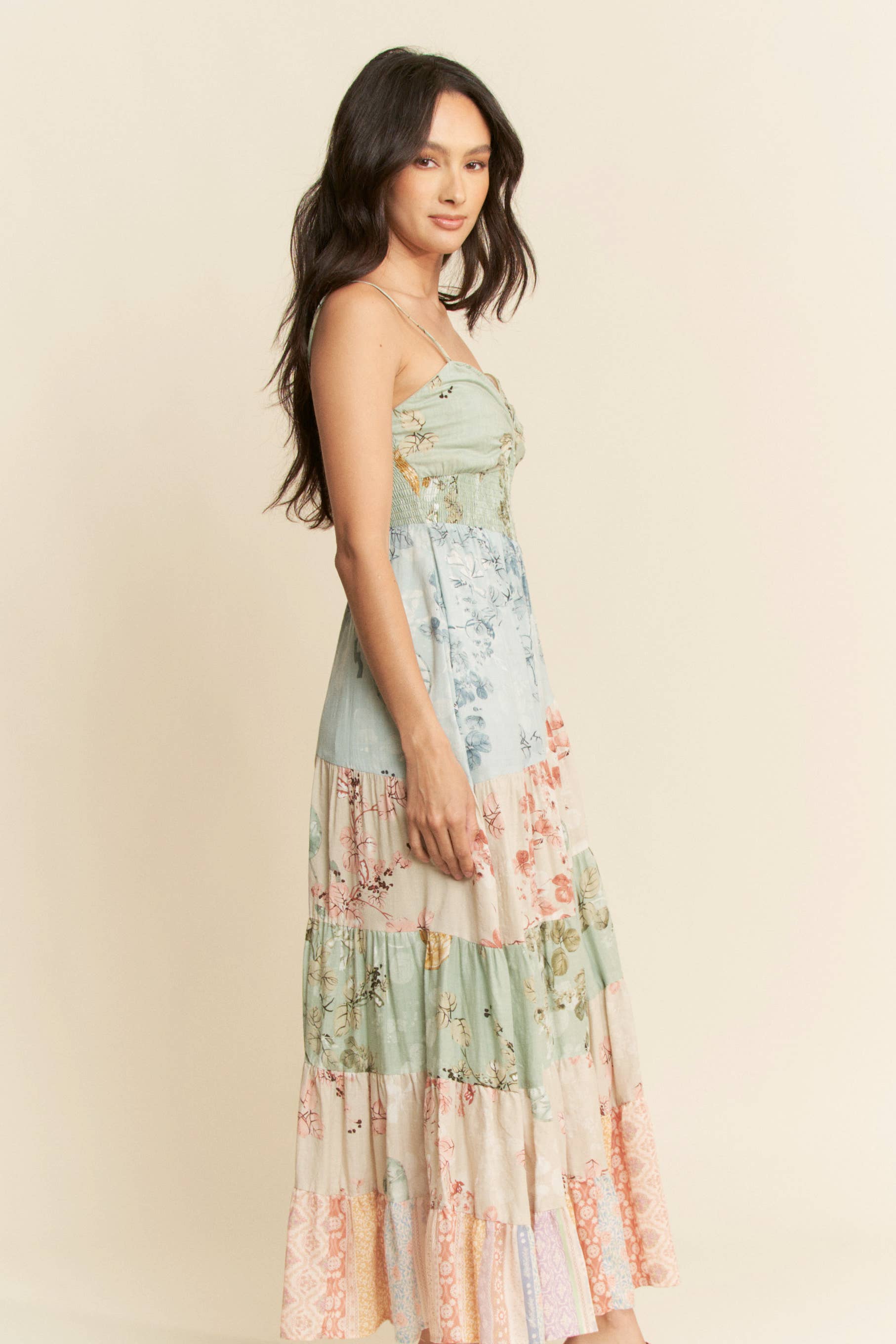 ETHNIC FLORAL MIX MATCHED TIERED MAXI DRESS