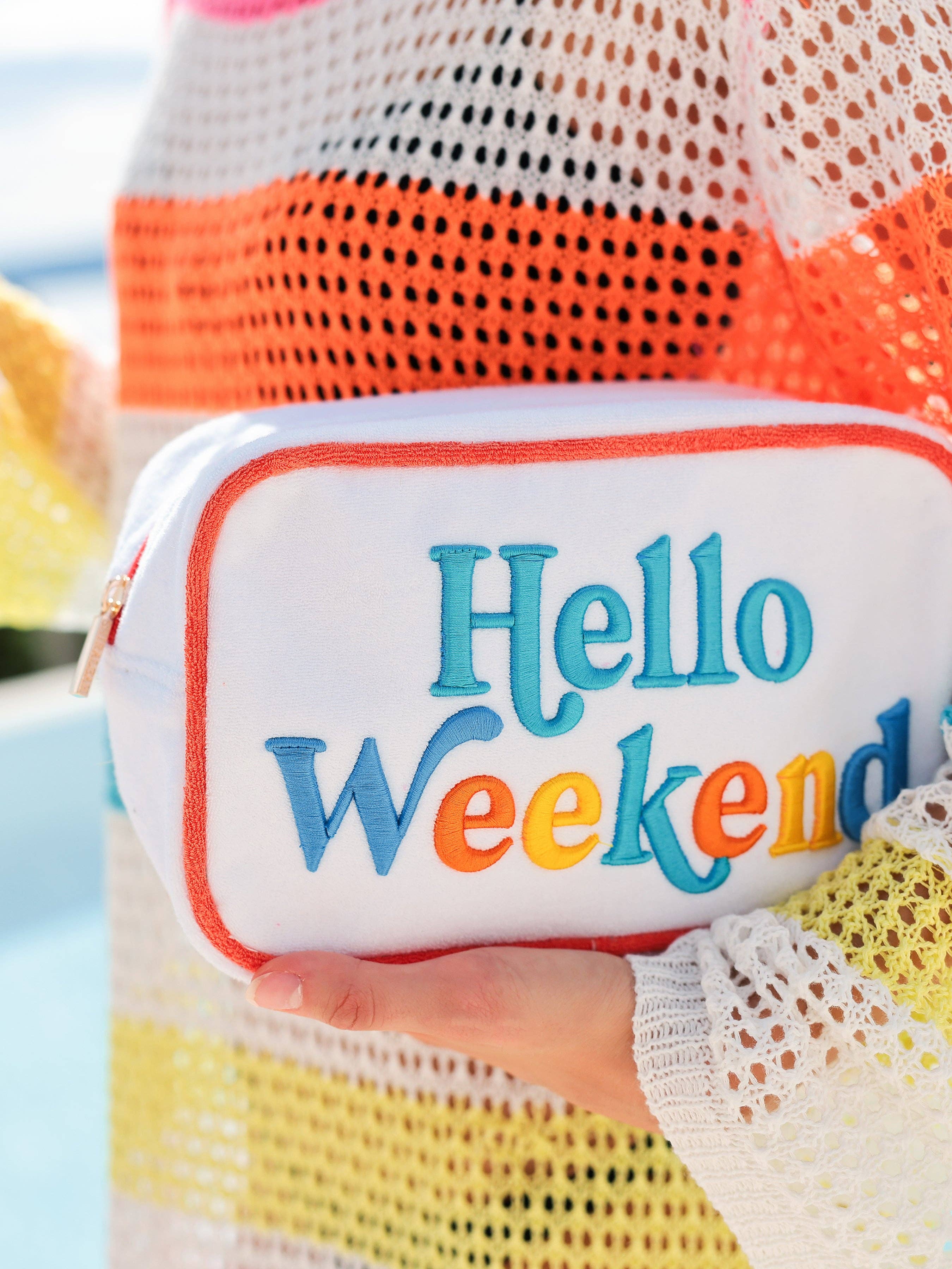CABANA "HELLO WEEKEND" MEDIUM ZIP POUCH, WHITE