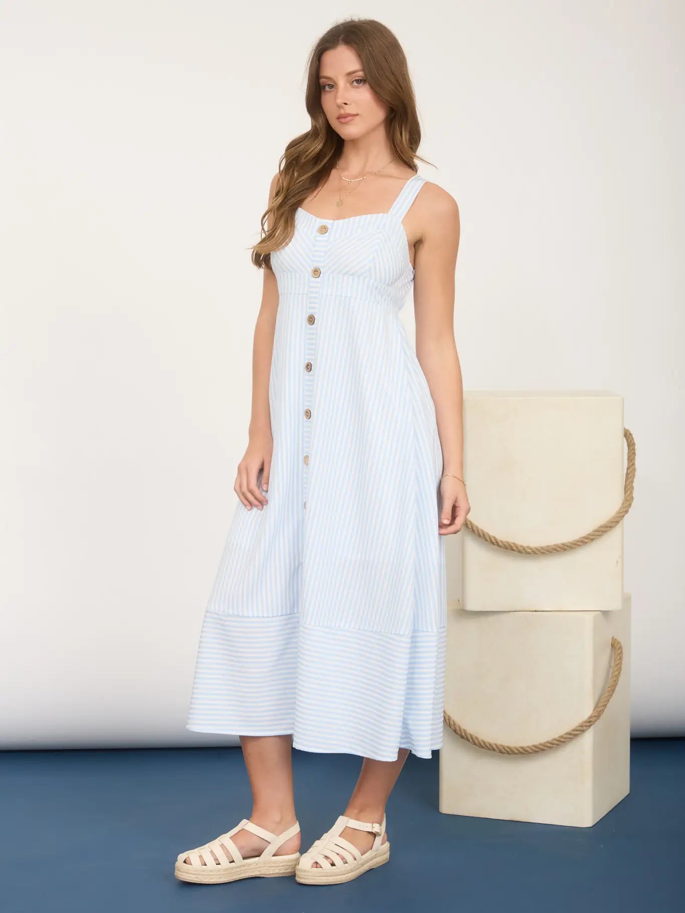 Stripe Sweetheart Button Down Sleeveless Midi Dress