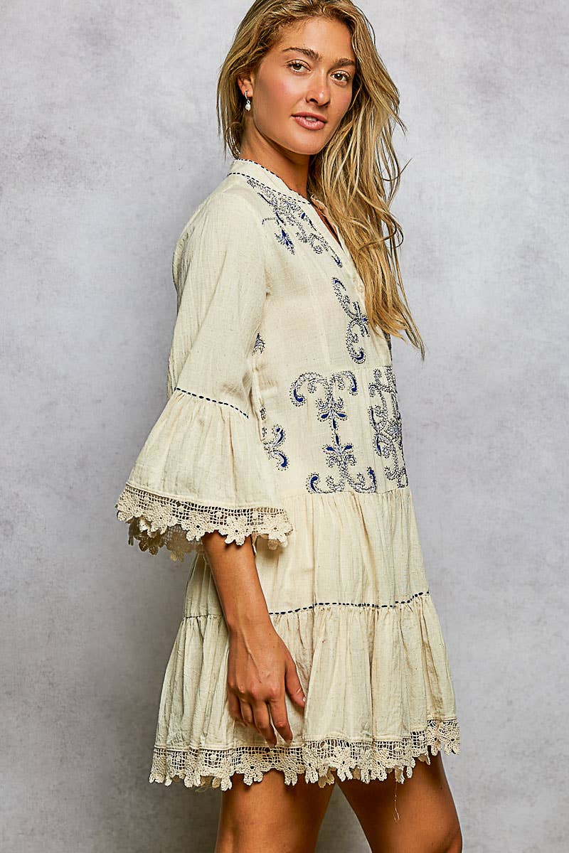 Linen 3/4 Sleeve V-Neck Lace Embroidery Dress