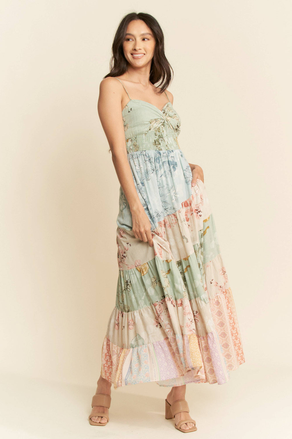 ETHNIC FLORAL MIX MATCHED TIERED MAXI DRESS