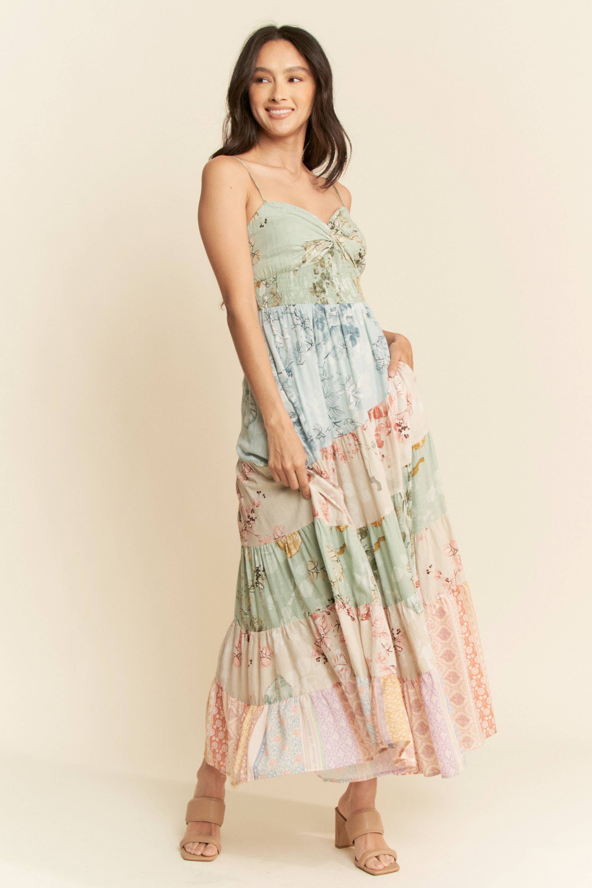ETHNIC FLORAL MIX MATCHED TIERED MAXI DRESS
