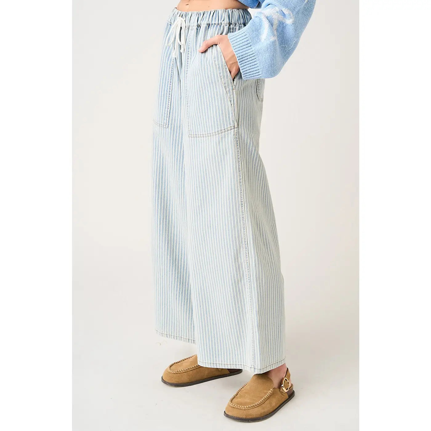 Striped Drawstring Elastic Waist Wide Leg Pants