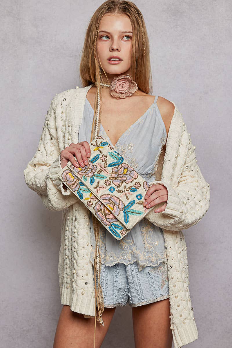 Floral Beaded Chain Strap Ivory Mini Shoulder Bag