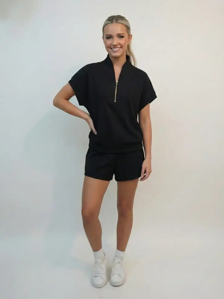 Black Half Zip Lounge Short Set - 2 Piece Lounge Set