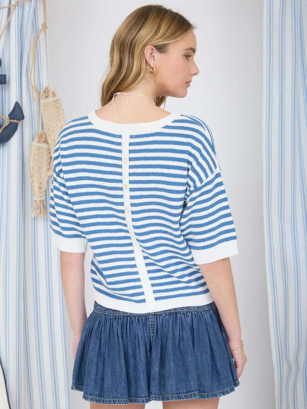 Stripe Contrast Trim Short Sleeve Knit Sweater