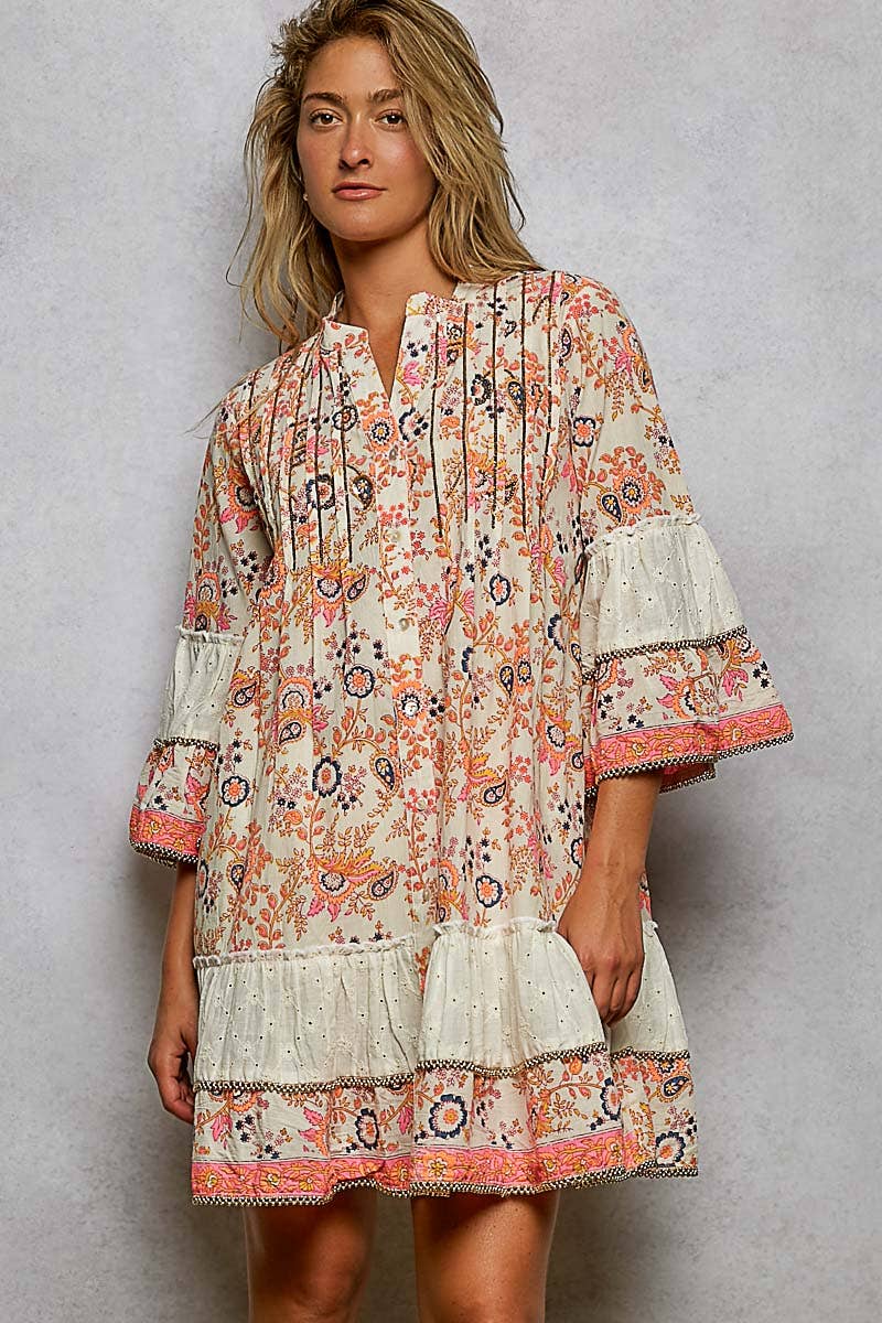3/4 Sleeve Eyelet Contrast Printed Woven Dress