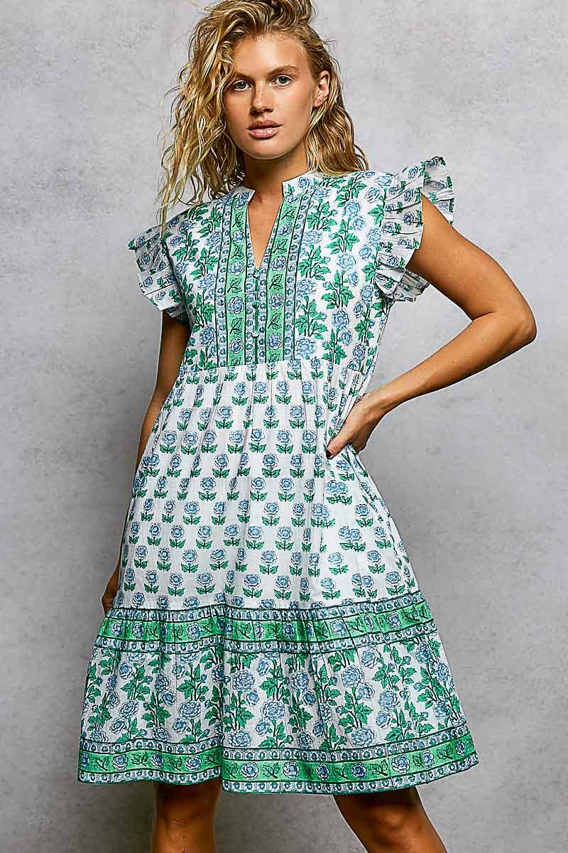 Boho Floral Print Ruffle Sleeve V-Neck Midi Dress
