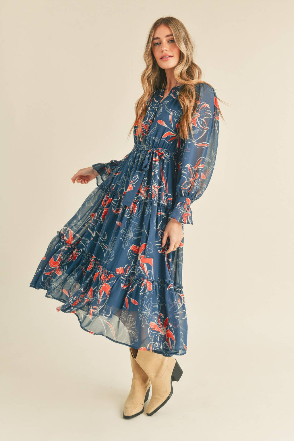 EXCLUSIVE PRINT TIERED BUTTON DOWN MIDI DRESS