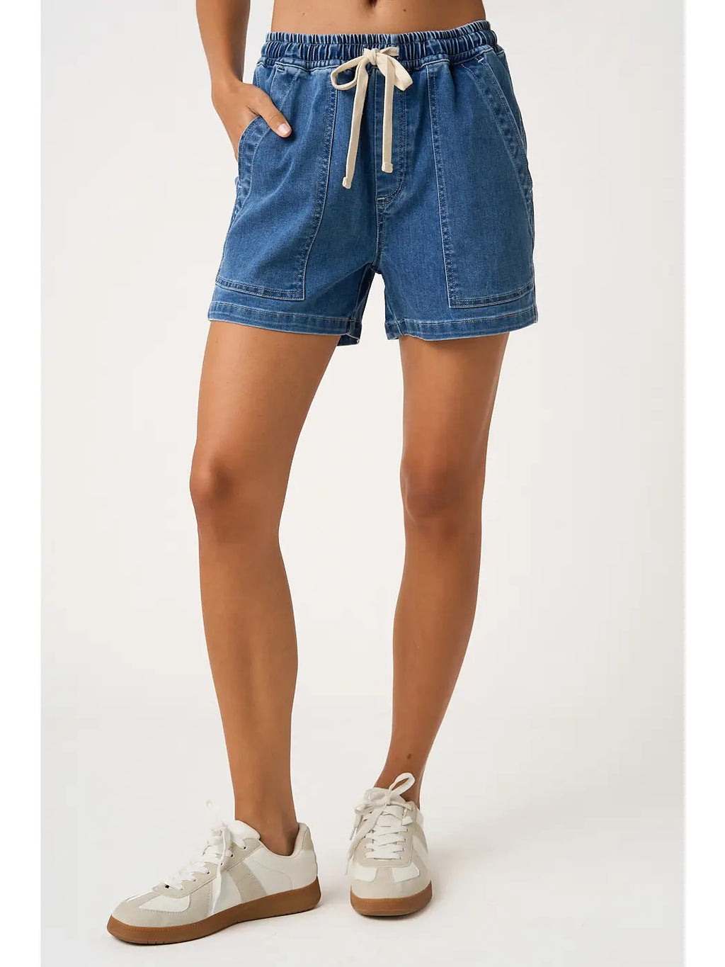Dark Washed Denim Drawstring Patch Pocket Shorts