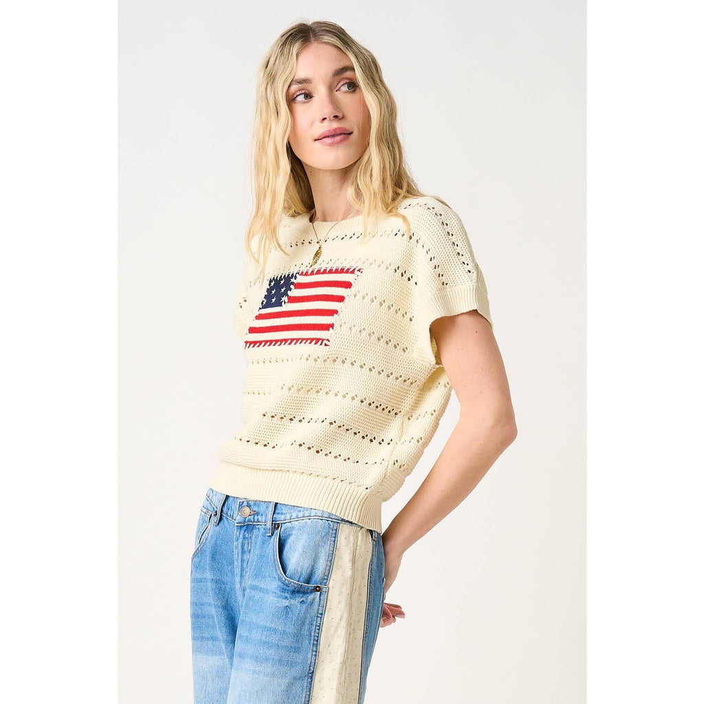 AMERICAN FLAG PATCH SHORT SLEEVE KNIT SWEATER TOP