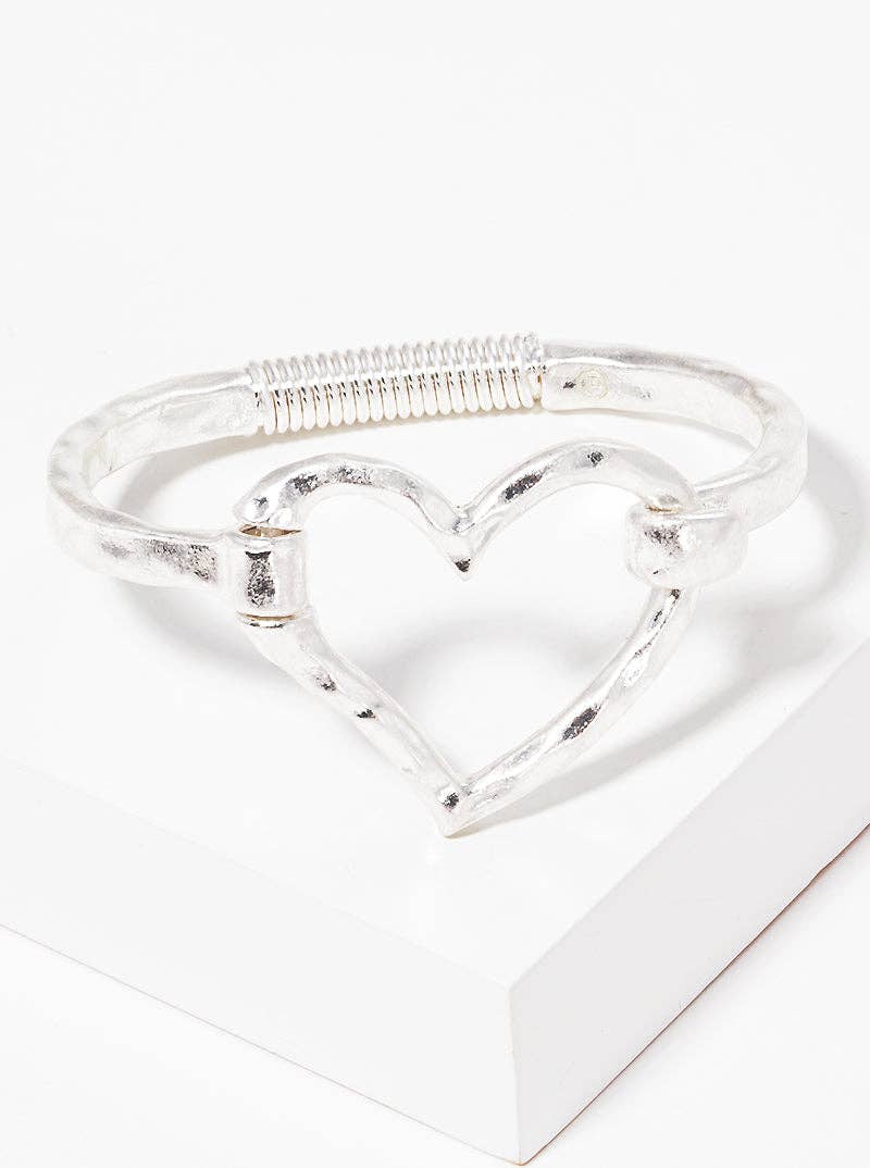 Hammered Metal Heart Hook Clasp Hinged Bracelet