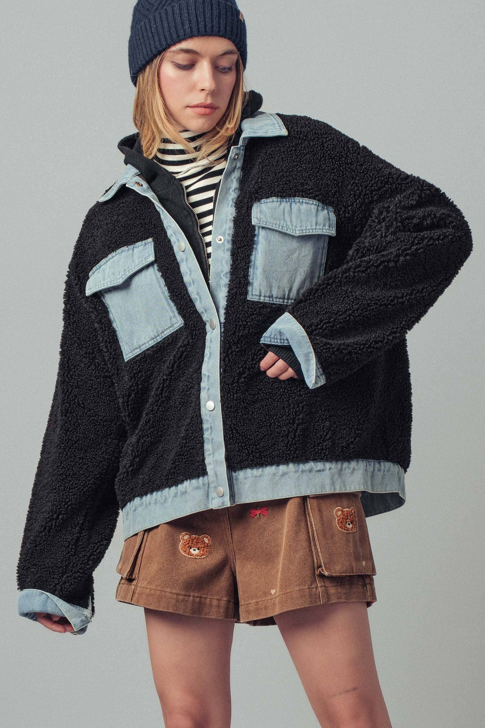 Denim Contrast Sherpa Mixed-Media Shacket